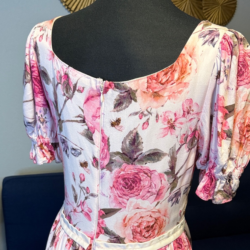 Ivy City Co. Pink Floral Print Sweetheart Square Neck Puff Sleeve Dress Medium - Picture 10 of 12